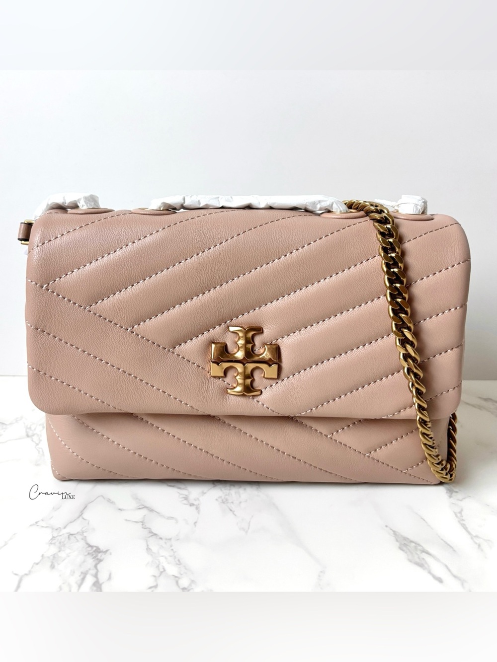 New Tory Burch Kira Chevron Small Leather Shoulder Bag Beige Neutral